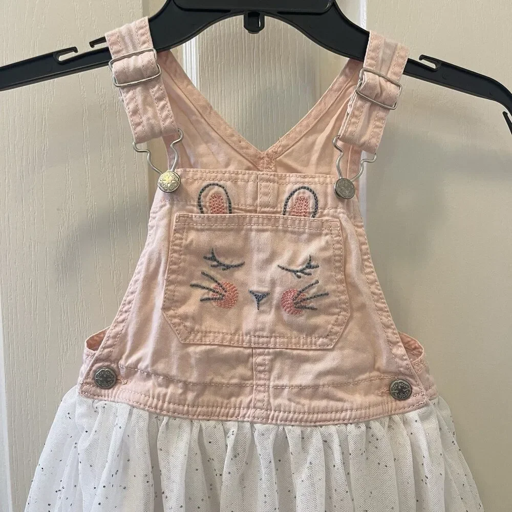 Oshkosh B'gosh Pink Overall Dress Bunny Rabbit White Tulle Girls Size 5T